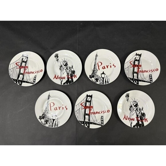 Pacific Island PARIS LONDON 7pc Salad Dessert Black White & Red Ceramic Plates - Picture 1 of 5